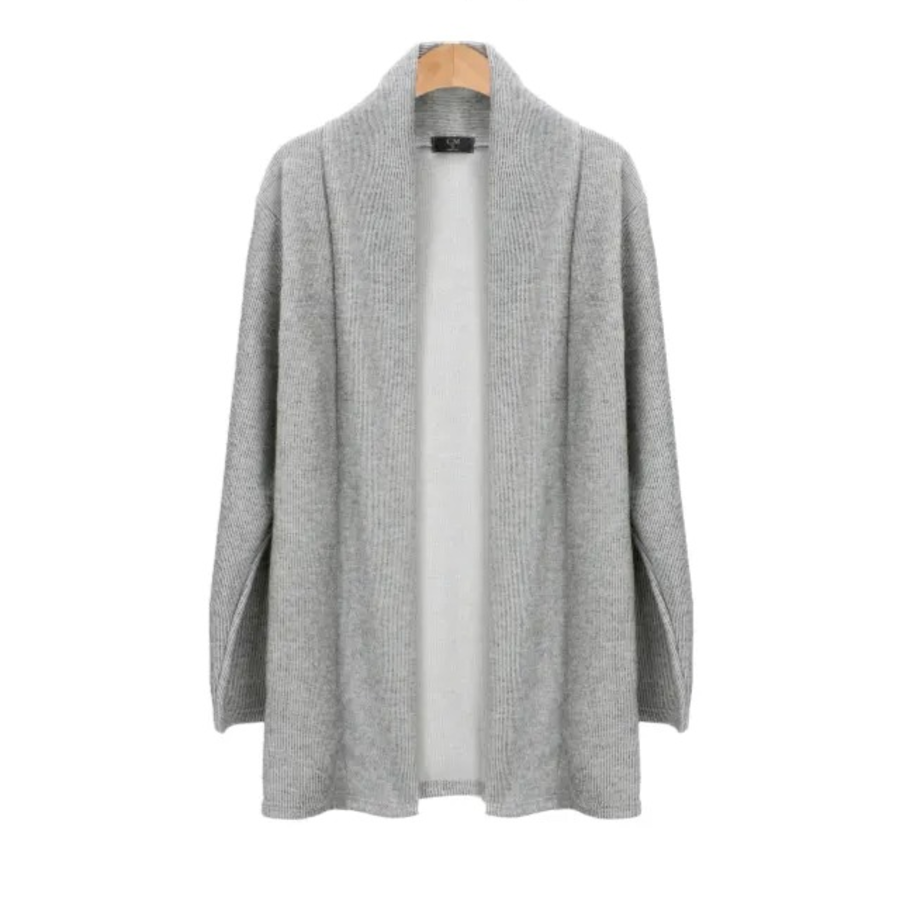 Open Shawl-Collar Stretch Knit Half-Long Cardigan