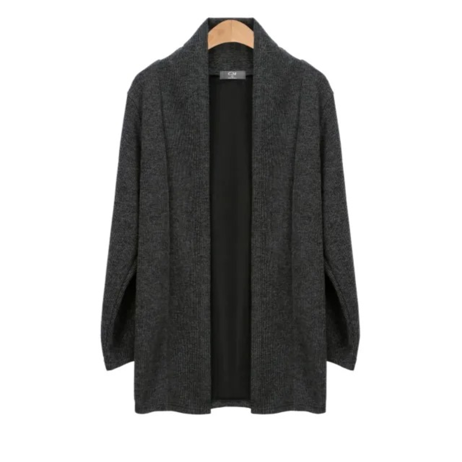 Open Shawl-Collar Stretch Knit Half-Long Cardigan