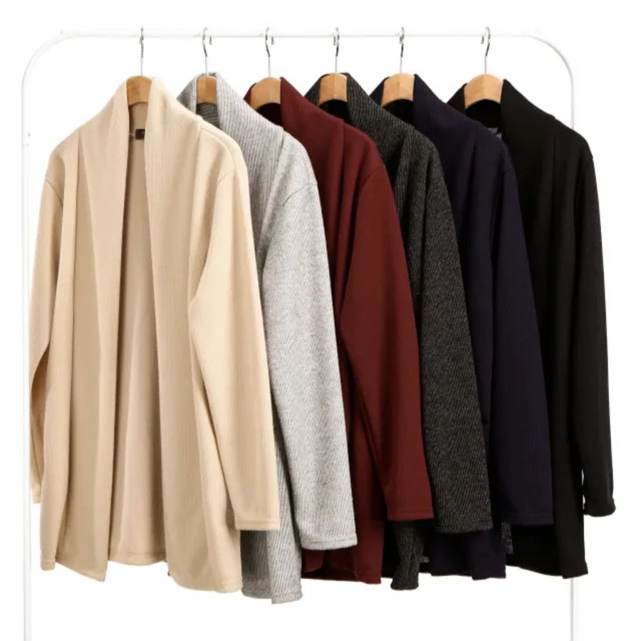 Open Shawl-Collar Stretch Knit Half-Long Cardigan