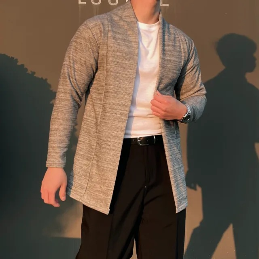 Open Shawl-Collar Stretch Knit Half-Long Cardigan