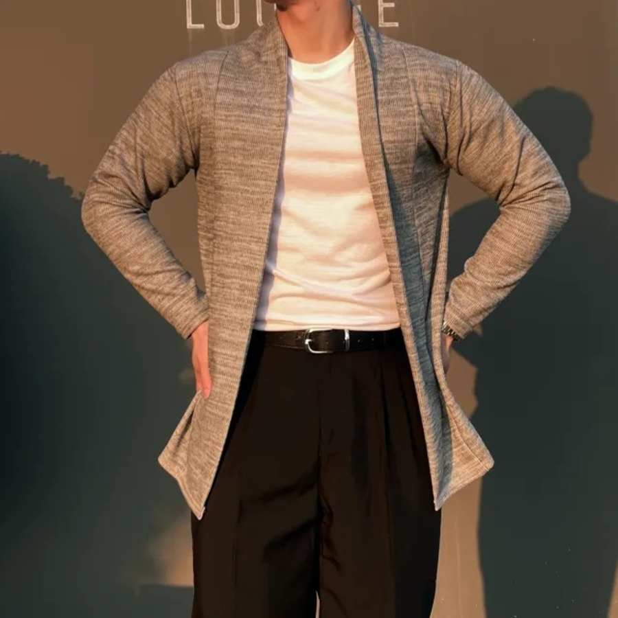 Open Shawl-Collar Stretch Knit Half-Long Cardigan