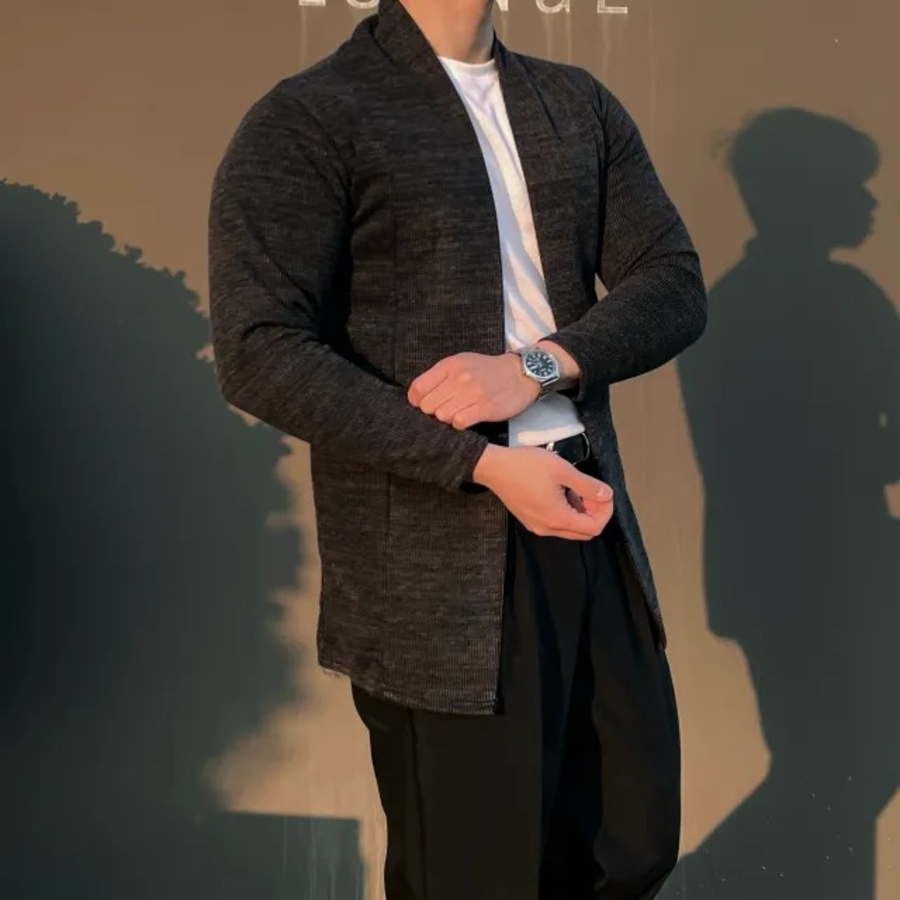 Open Shawl-Collar Stretch Knit Half-Long Cardigan