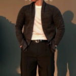 Open Shawl-Collar Stretch Knit Half-Long Cardigan