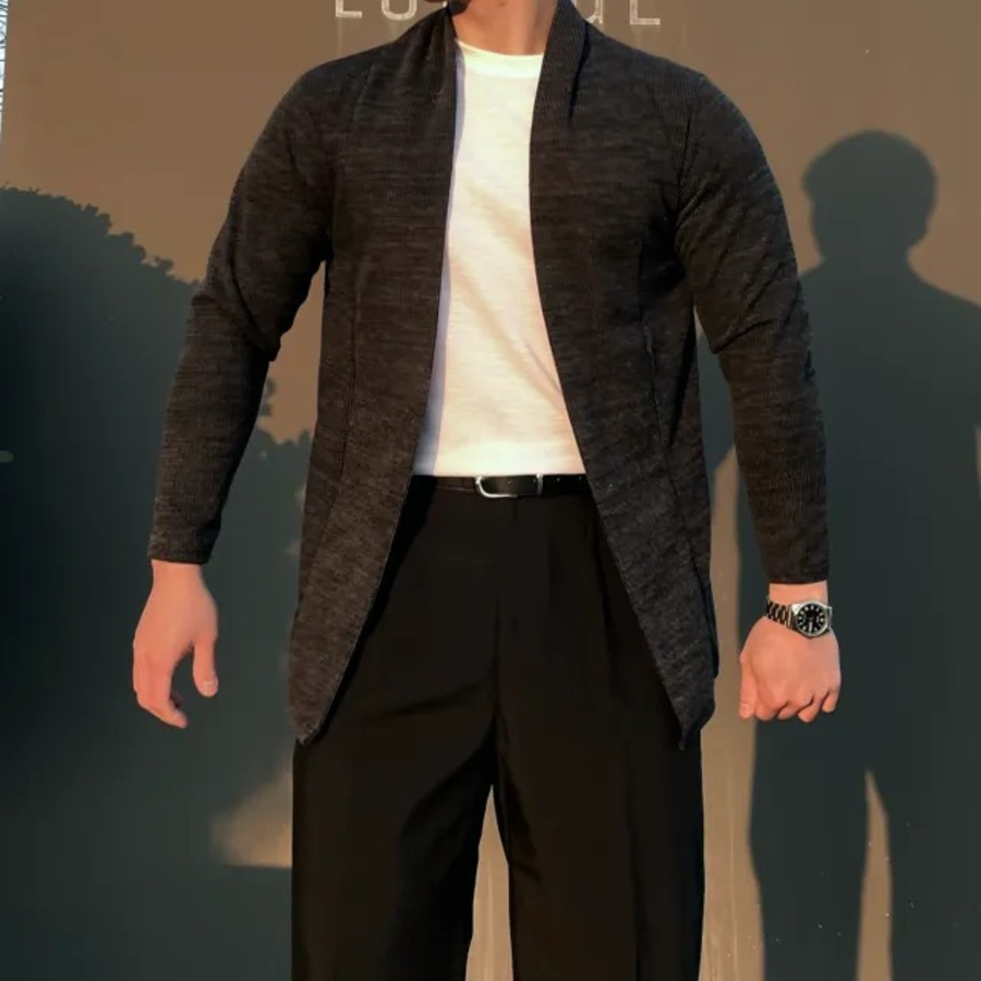 Open Shawl-Collar Stretch Knit Half-Long Cardigan