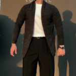 Open Shawl-Collar Stretch Knit Half-Long Cardigan