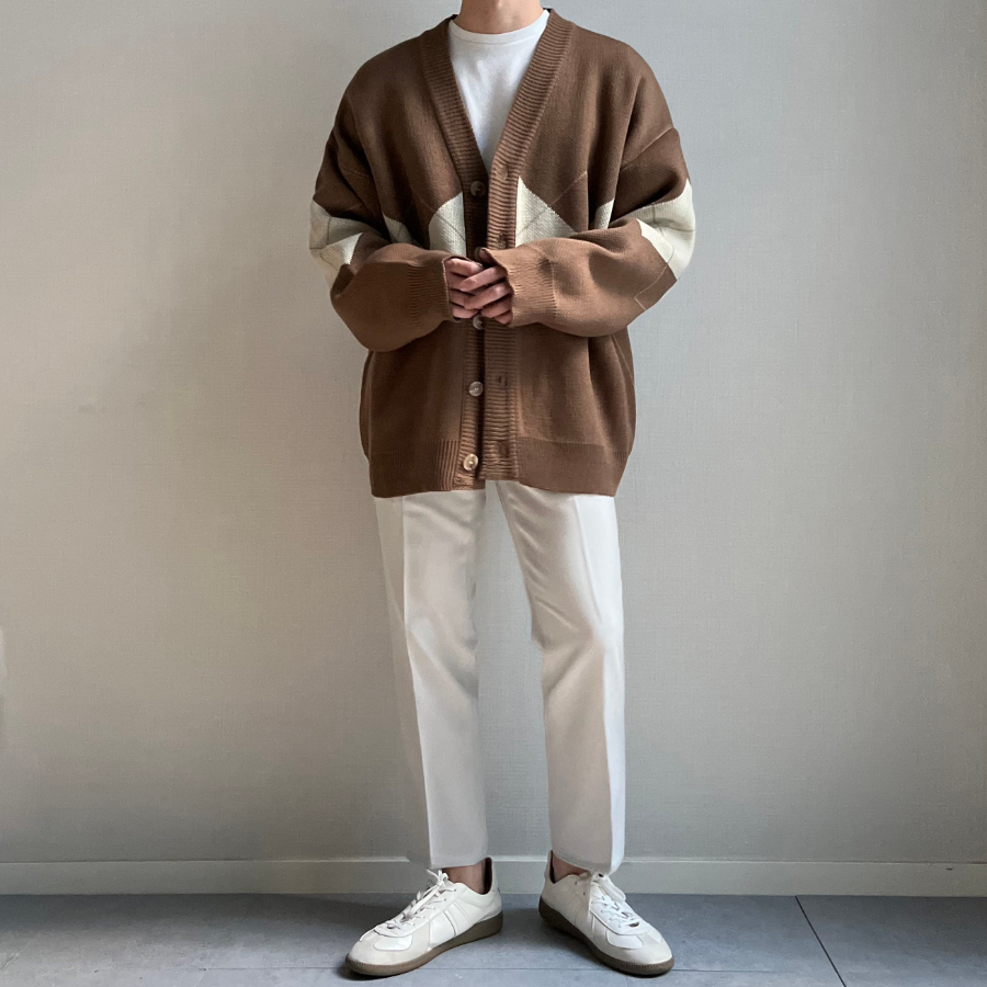 Argyle V-Neck Oversized Knit Cardigan