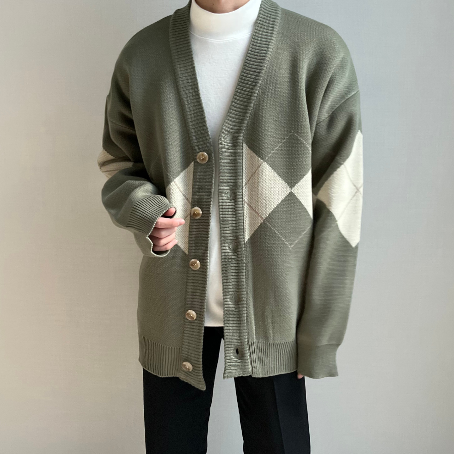 Argyle V-Neck Oversized Knit Cardigan