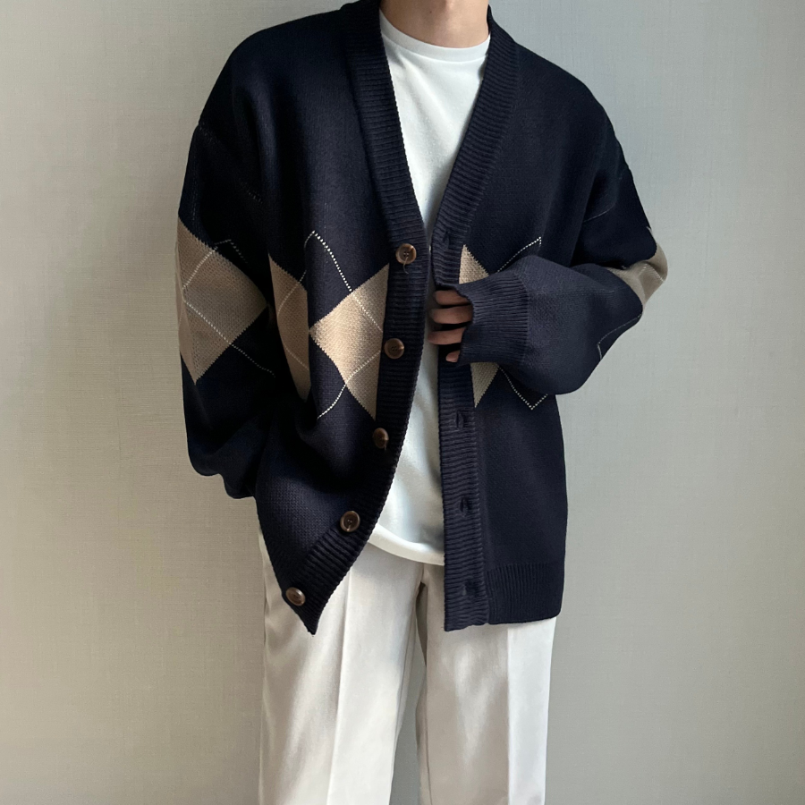 Argyle V-Neck Oversized Knit Cardigan