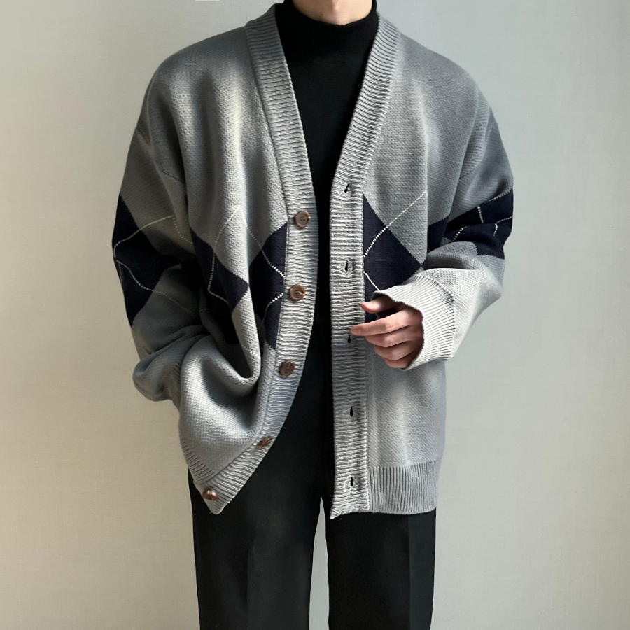 Argyle V-Neck Oversized Knit Cardigan