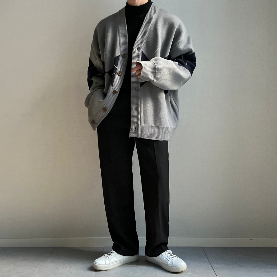 Argyle V-Neck Oversized Knit Cardigan