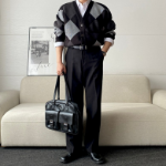 Oversized Argyle V-Neck Ribbed Diamond Cardigan