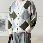 Oversized Argyle V-Neck Ribbed Diamond Cardigan