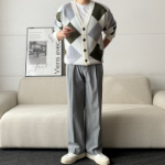 Oversized Argyle V-Neck Ribbed Diamond Cardigan