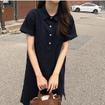 Свободный размер-Темно-синий-Миди-платье