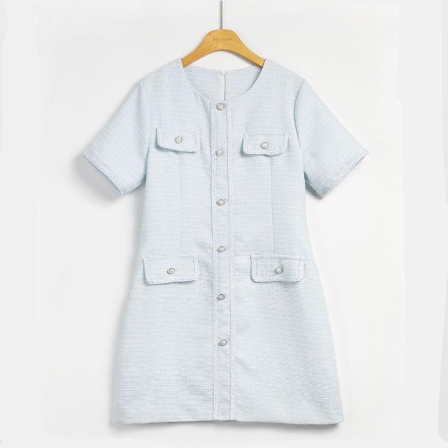 Мини-платье из твида с короткими рукавами и жемчужными акцентами