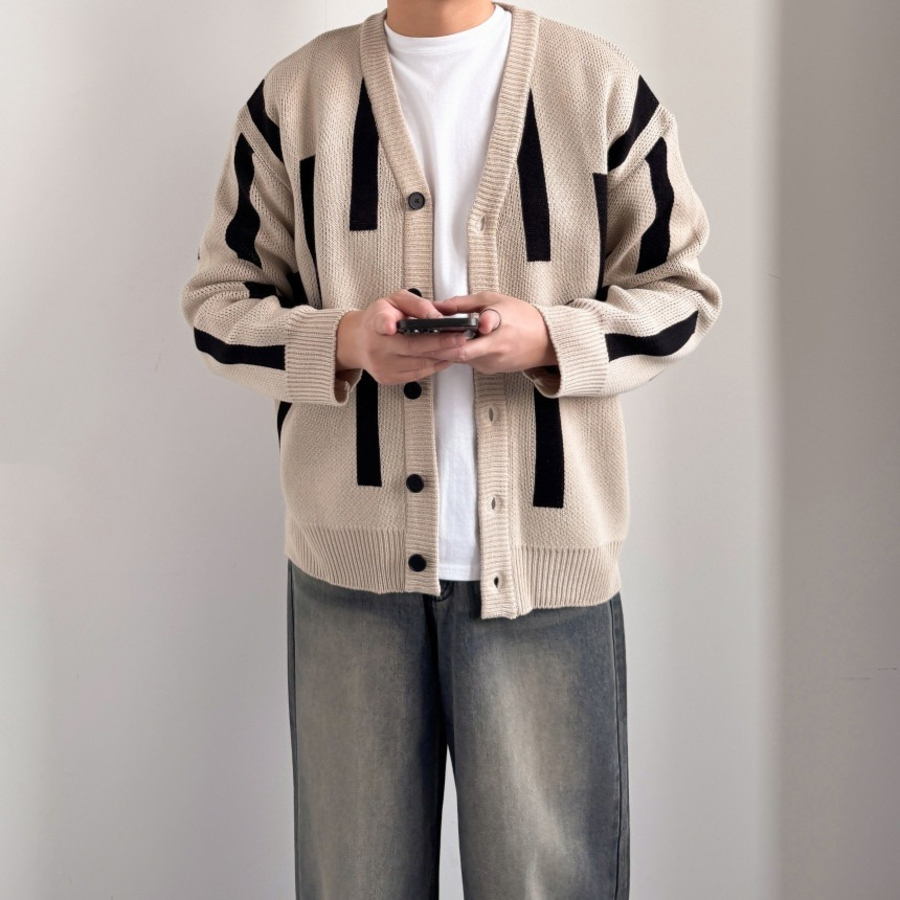Lian Stick Pattern Oversized V-Neck Cardigan