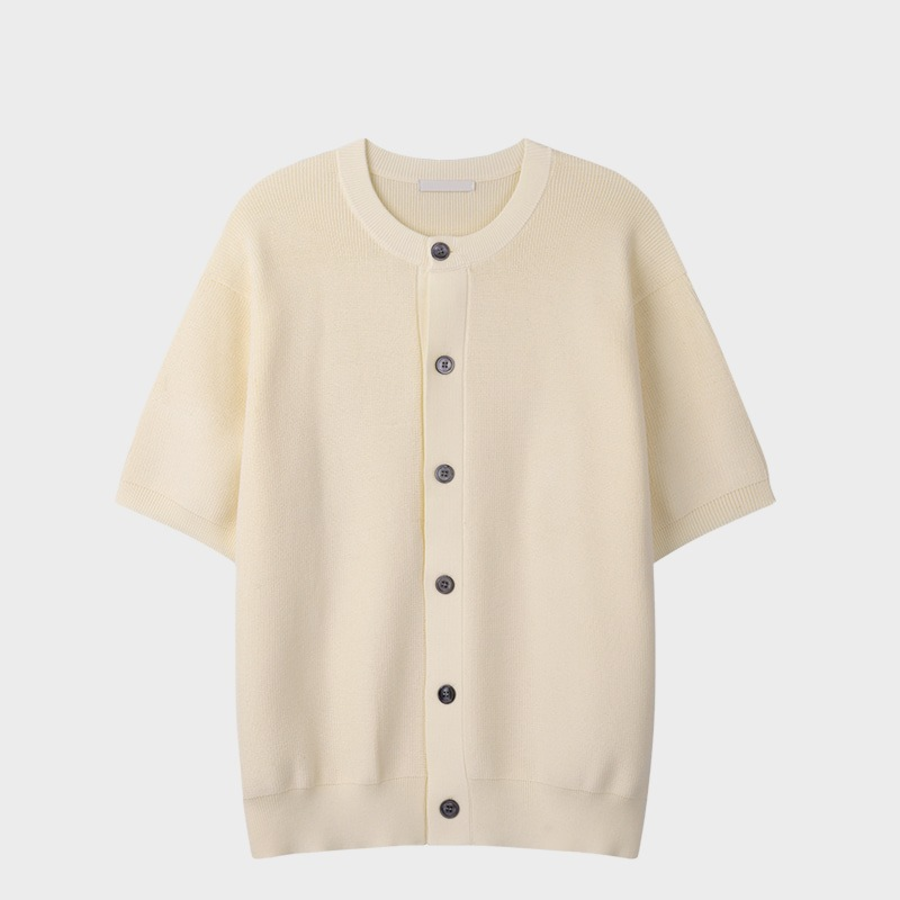 Washable Hacci Round Neck Short-Sleeve Knit Cardigan
