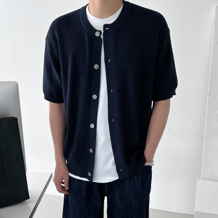 Washable Hacci Round Neck Short-Sleeve Knit Cardigan