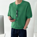 Washable Hacci Round Neck Short-Sleeve Knit Cardigan