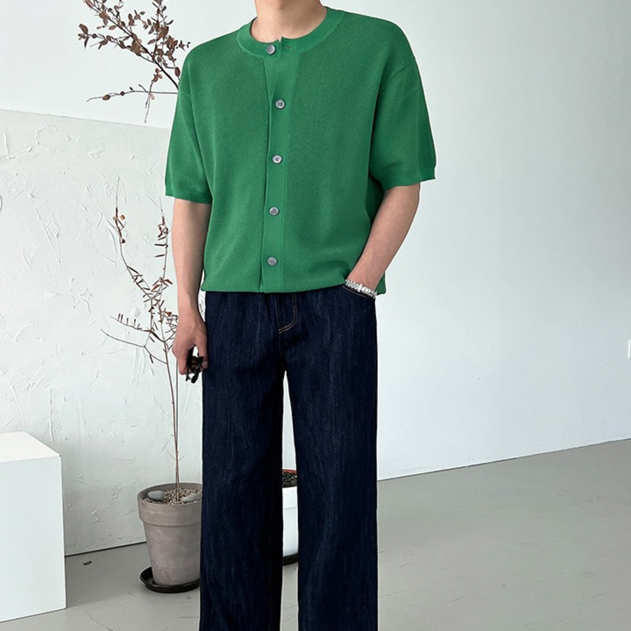 Washable Hacci Round Neck Short-Sleeve Knit Cardigan