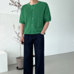 Washable Hacci Round Neck Short-Sleeve Knit Cardigan