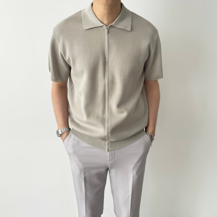 Lightweight Short Sleeve Zip-Up Collar Knit Summer Cardigan