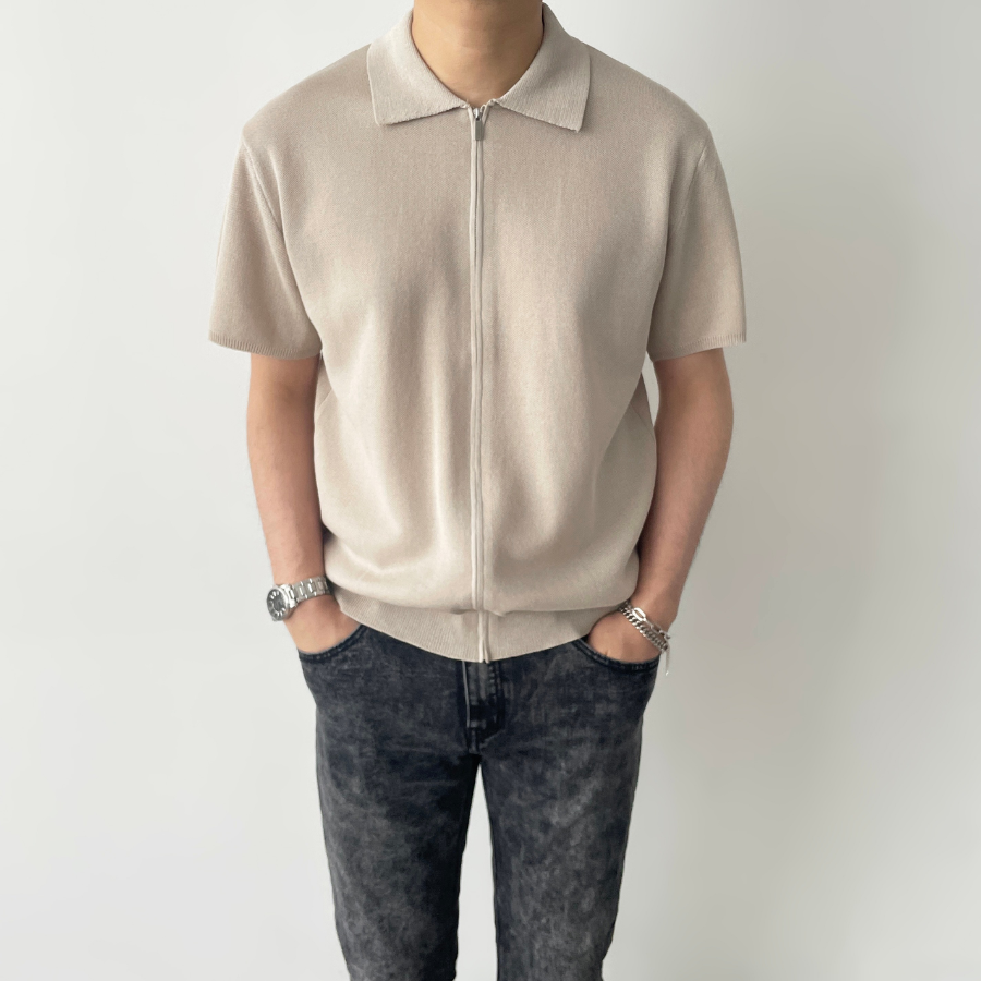 Lightweight Short Sleeve Zip-Up Collar Knit Summer Cardigan