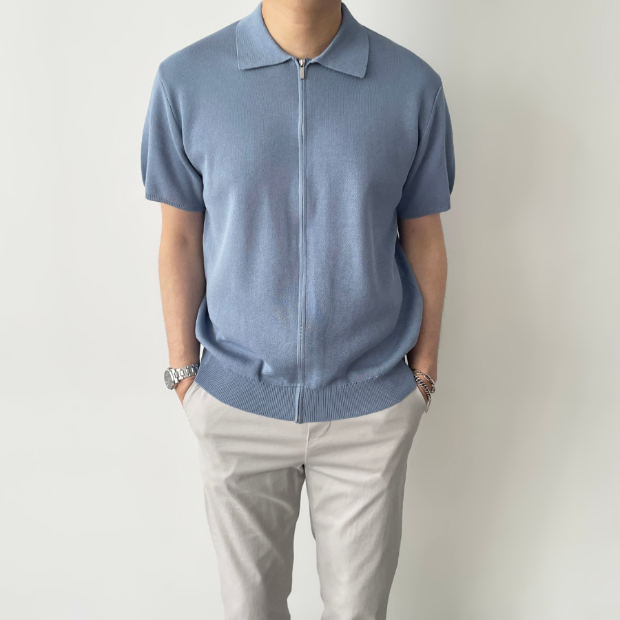 Lightweight Short Sleeve Zip-Up Collar Knit Summer Cardigan