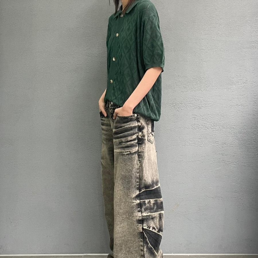 Argyle Punching Knit Short Sleeve Cardigan