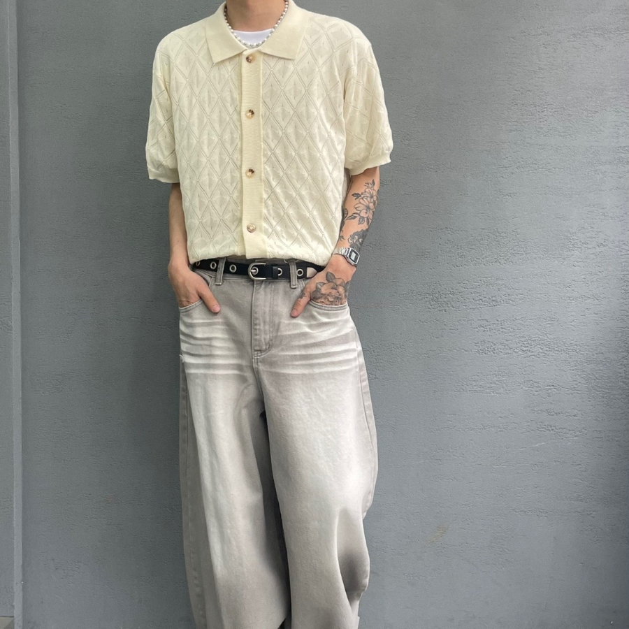 Argyle Punching Knit Short Sleeve Cardigan