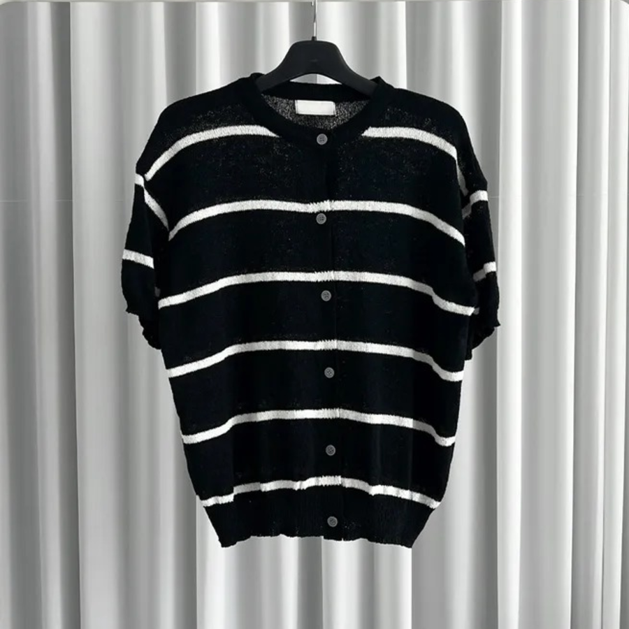 Dangara Boucle Semi Oversized Round Short-Sleeve Cardigan