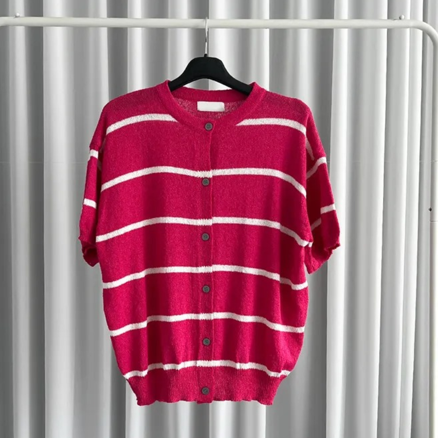 Dangara Boucle Semi Oversized Round Short-Sleeve Cardigan