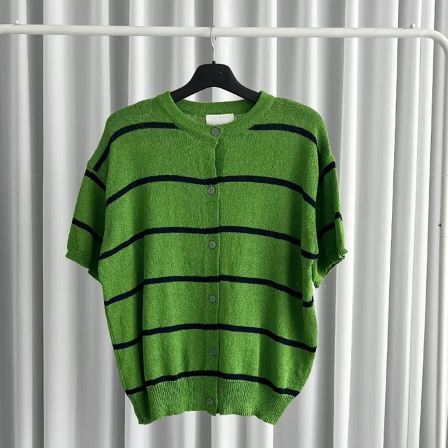 Dangara Boucle Semi Oversized Round Short-Sleeve Cardigan