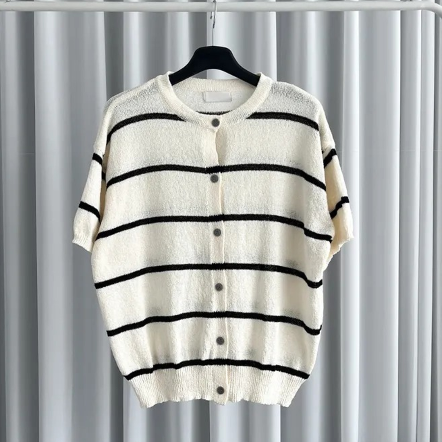 Dangara Boucle Semi Oversized Round Short-Sleeve Cardigan