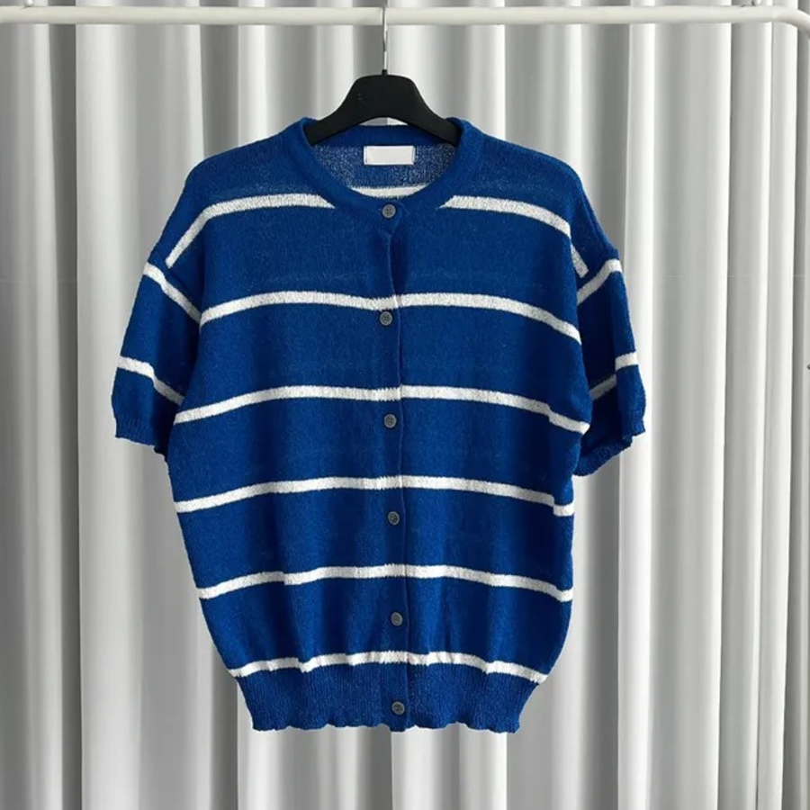 Dangara Boucle Semi Oversized Round Short-Sleeve Cardigan