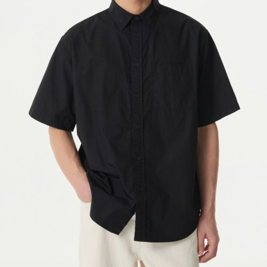 Relaxed Washed Poplin Short Sleeve Shirt [Black]