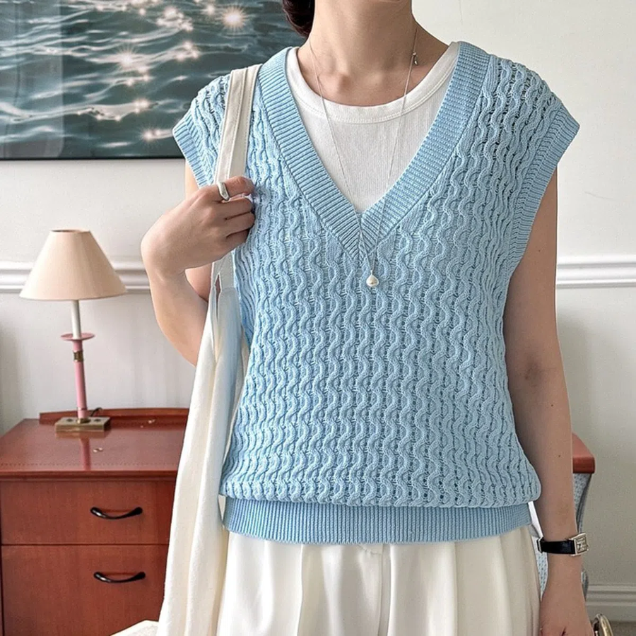 V-Neck Cotton Cable Knit Vest