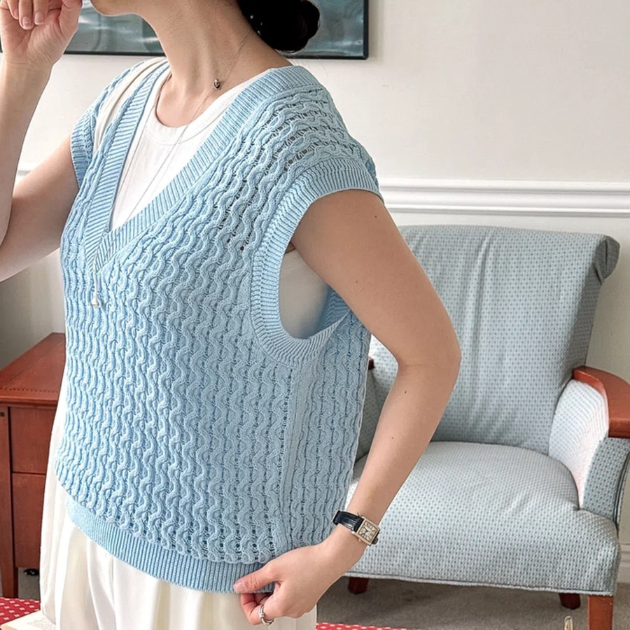 V-Neck Cotton Cable Knit Vest