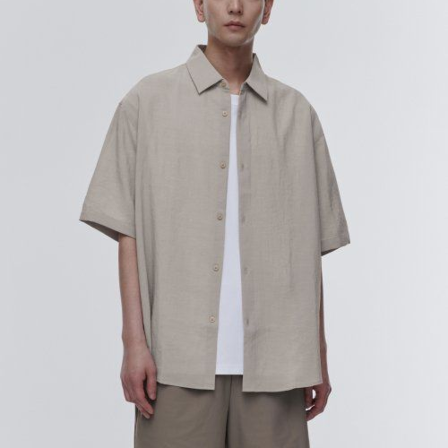Relaxed Linen-Like Short Sleeve Shirt [Light Beige]
