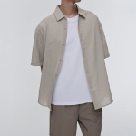 Relaxed Linen-Like Short Sleeve Shirt [Light Beige]