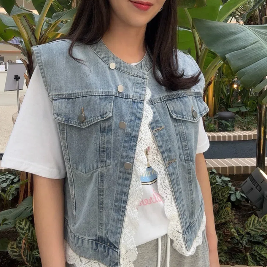 Lace Denim Loose-Fit Cropped Vest