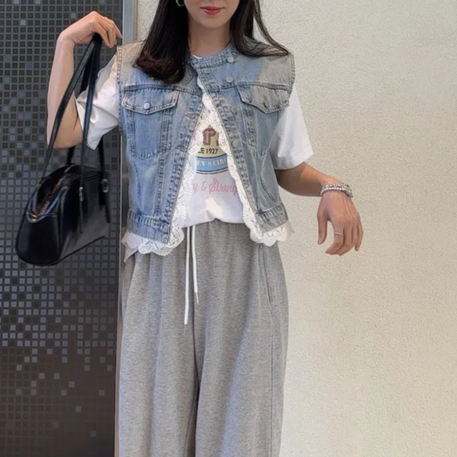Lace Denim Loose-Fit Cropped Vest