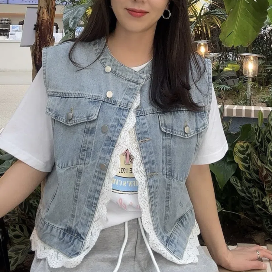 Lace Denim Loose-Fit Cropped Vest