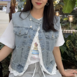 Lace Denim Loose-Fit Cropped Vest
