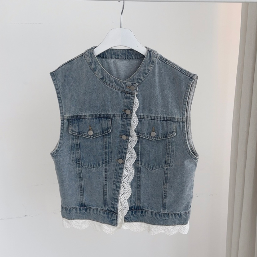 Lace Denim Loose-Fit Cropped Vest