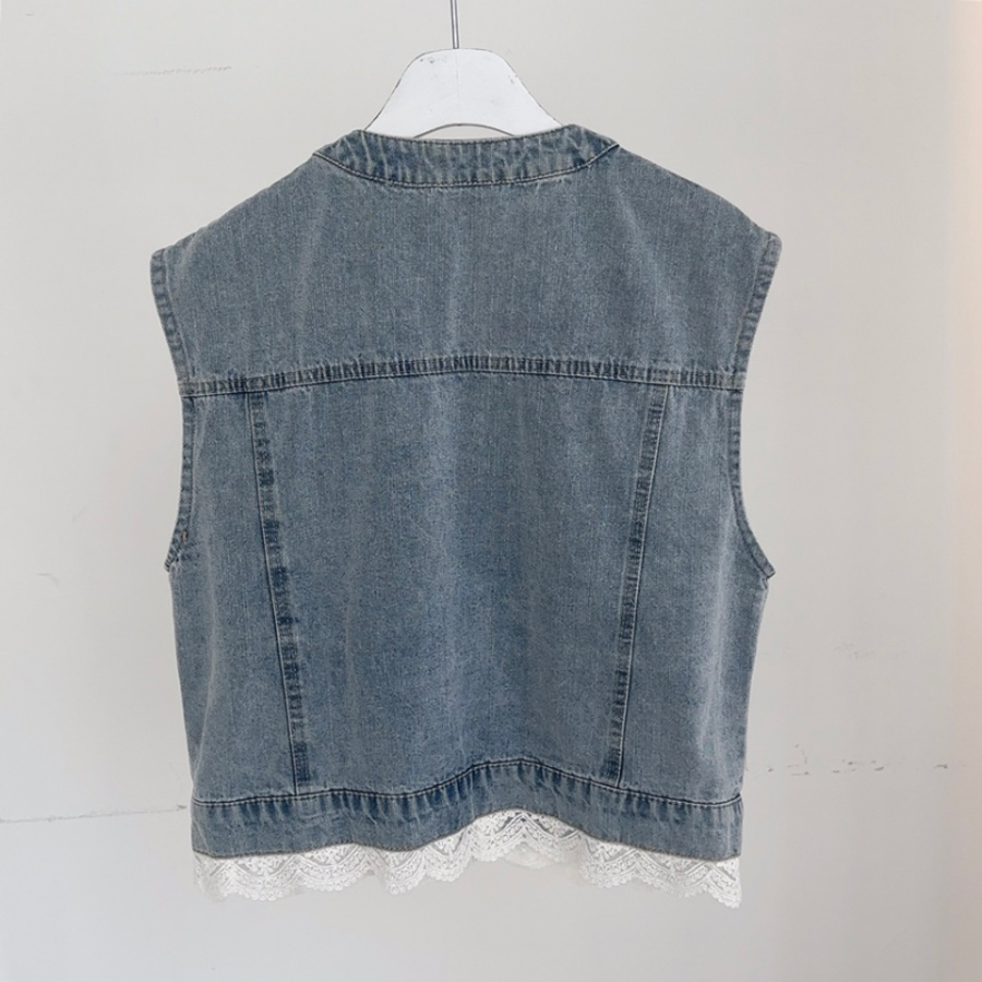 Lace Denim Loose-Fit Cropped Vest