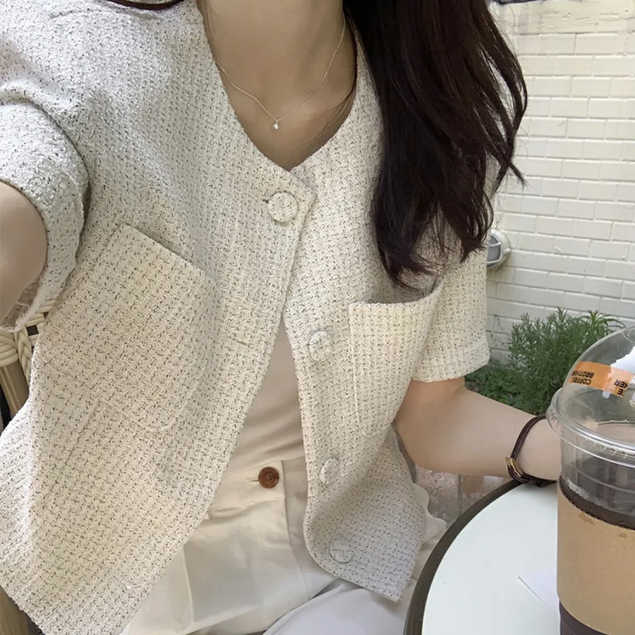 Youngi No-Collar Tweed Short-Sleeve Jacket