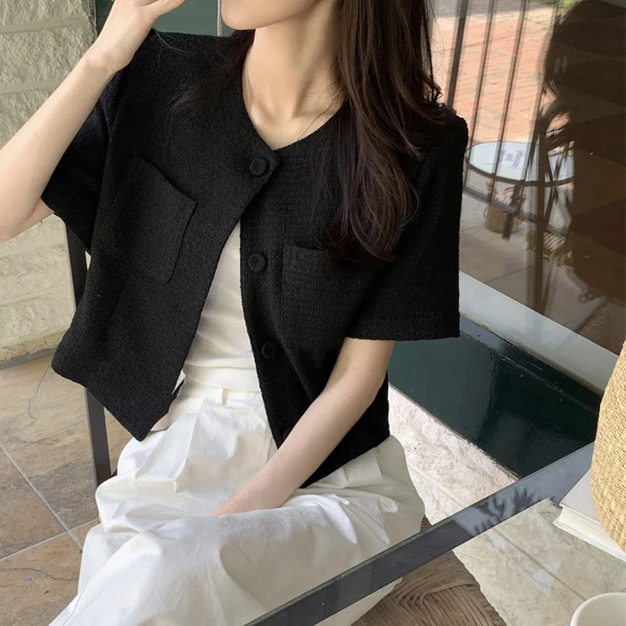 Youngi No-Collar Tweed Short-Sleeve Jacket