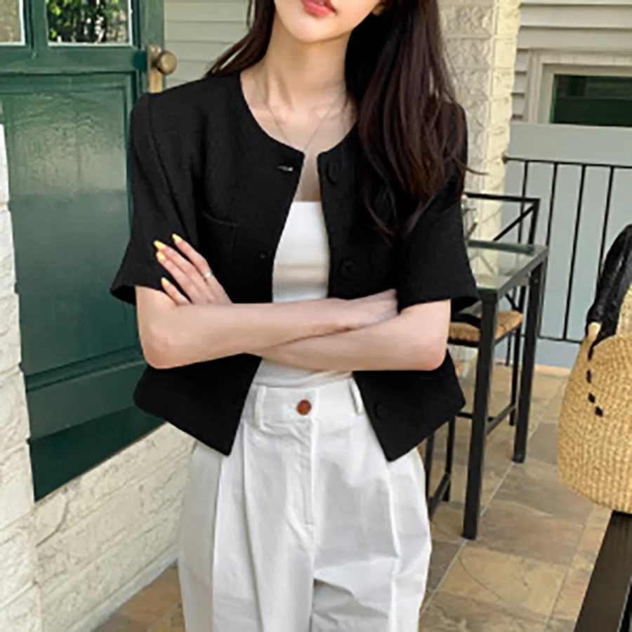 Youngi No-Collar Tweed Short-Sleeve Jacket