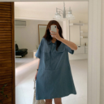 Свободный размер-Синий-Мини-платье